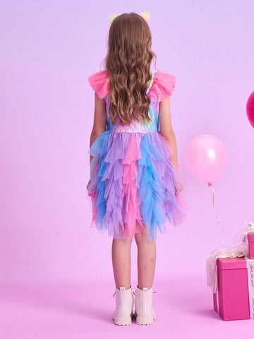 Girls Princess Dresses Flying Sleeve Young Girl Dress Irregular Tulle Chidlren Birthday Party Costumes Elegant Girls Performance Clothes