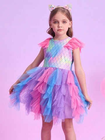 Girls Princess Dresses Flying Sleeve Young Girl Dress Irregular Tulle Chidlren Birthday Party Costumes Elegant Girls Performance Clothes