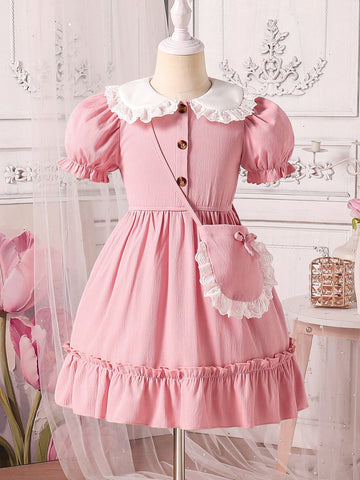 Girls Princess Style Dress With Bag, Girly Pink Color. The Pink Princess-Style Dress