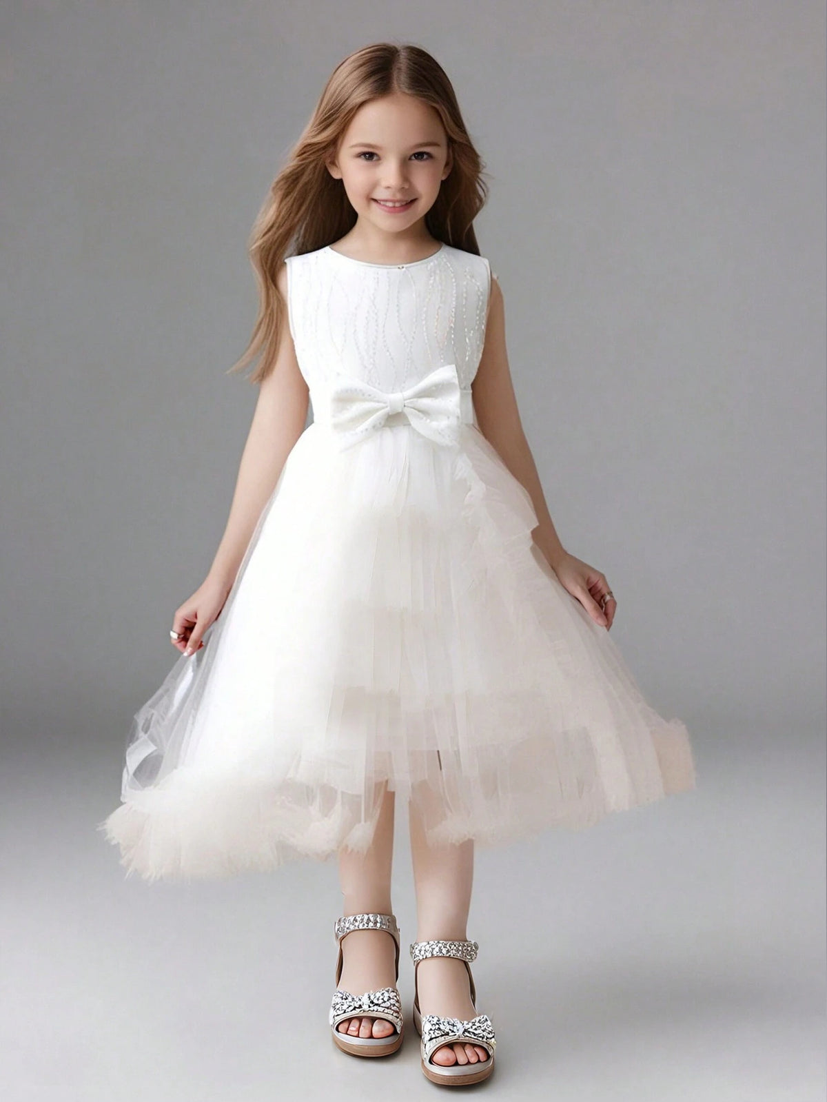 Girls Princess Tulle Cake Dress With Trailing Ball Gown, Party And Performance Dress