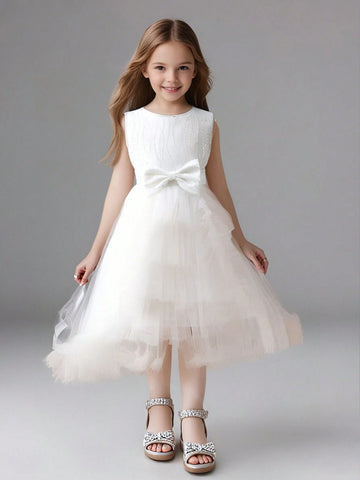 Girls Princess Tulle Cake Dress With Trailing Ball Gown, Party And Performance Dress