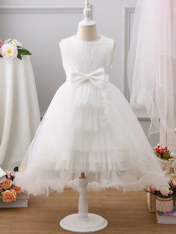 Girls Princess Tulle Cake Dress With Trailing Ball Gown, Party And Performance Dress