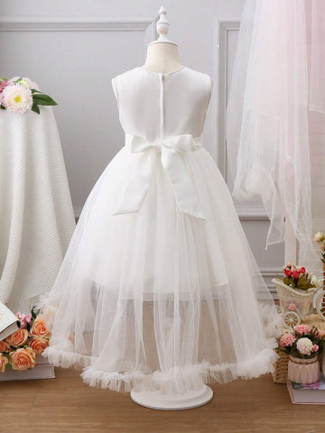 Girls Princess Tulle Cake Dress With Trailing Ball Gown, Party And Performance Dress