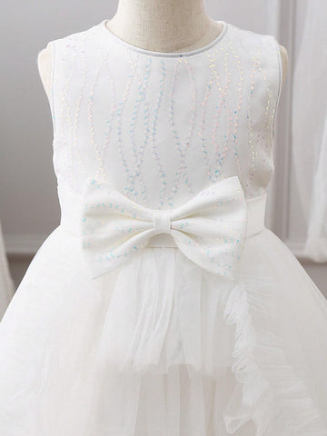 Girls Princess Tulle Cake Dress With Trailing Ball Gown, Party And Performance Dress