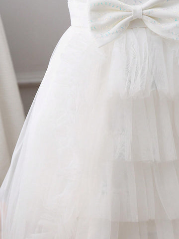 Girls Princess Tulle Cake Dress With Trailing Ball Gown, Party And Performance Dress