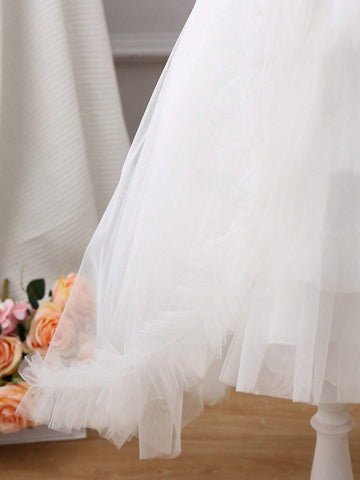 Girls Princess Tulle Cake Dress With Trailing Ball Gown, Party And Performance Dress