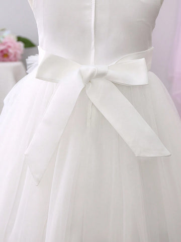 Girls Princess Tulle Cake Dress With Trailing Ball Gown, Party And Performance Dress