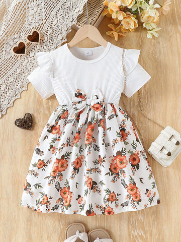 Girls' Print Bow-Tie Casual Comfortable Fashion Sundress, Spring/Summer