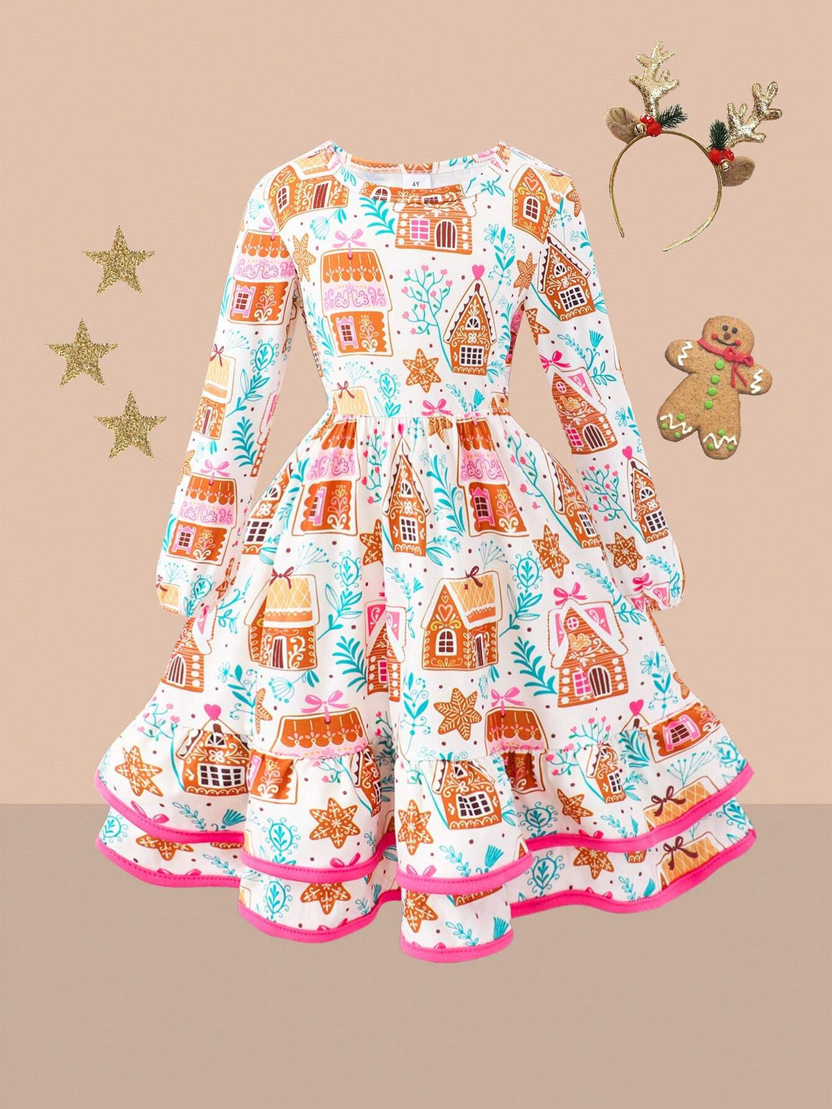Girls Printed Long Sleeve Cake Skirt Dress