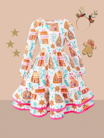 Girls Printed Long Sleeve Cake Skirt Dress