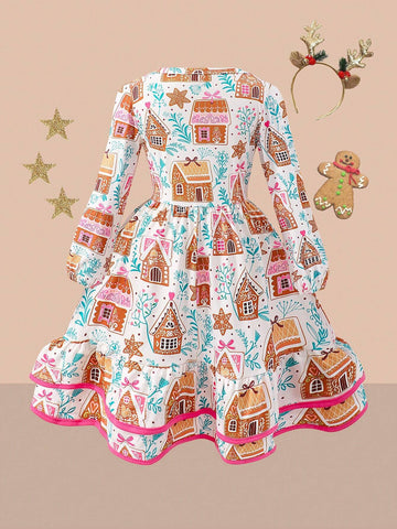 Girls Printed Long Sleeve Cake Skirt Dress