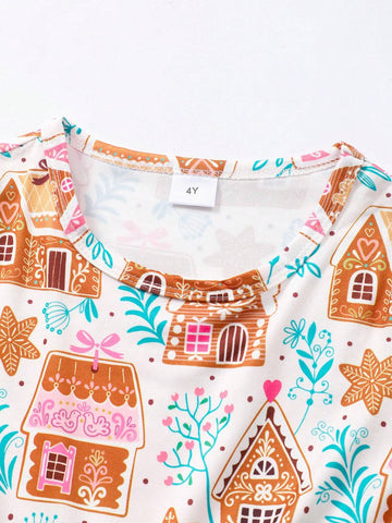 Girls Printed Long Sleeve Cake Skirt Dress