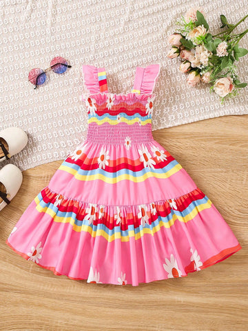 Girls' Printed Parallel Pleated A-Line Spaghetti Strap Dress With Ruched Hem