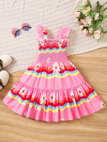Girls' Printed Parallel Pleated A-Line Spaghetti Strap Dress With Ruched Hem
