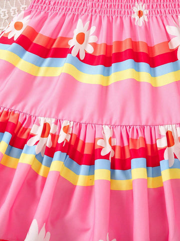 Girls' Printed Parallel Pleated A-Line Spaghetti Strap Dress With Ruched Hem