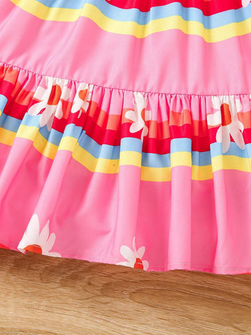 Girls' Printed Parallel Pleated A-Line Spaghetti Strap Dress With Ruched Hem