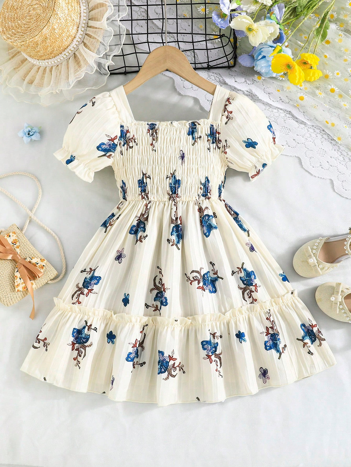 Girls' Puff Sleeve Ditsy Floral Round Neck Elastic Waist Bowknot Casual Dress, Spring/Summer