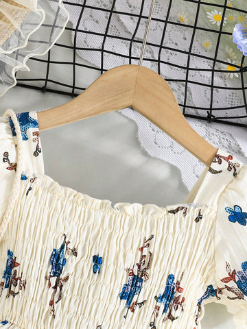 Girls' Puff Sleeve Ditsy Floral Round Neck Elastic Waist Bowknot Casual Dress, Spring/Summer