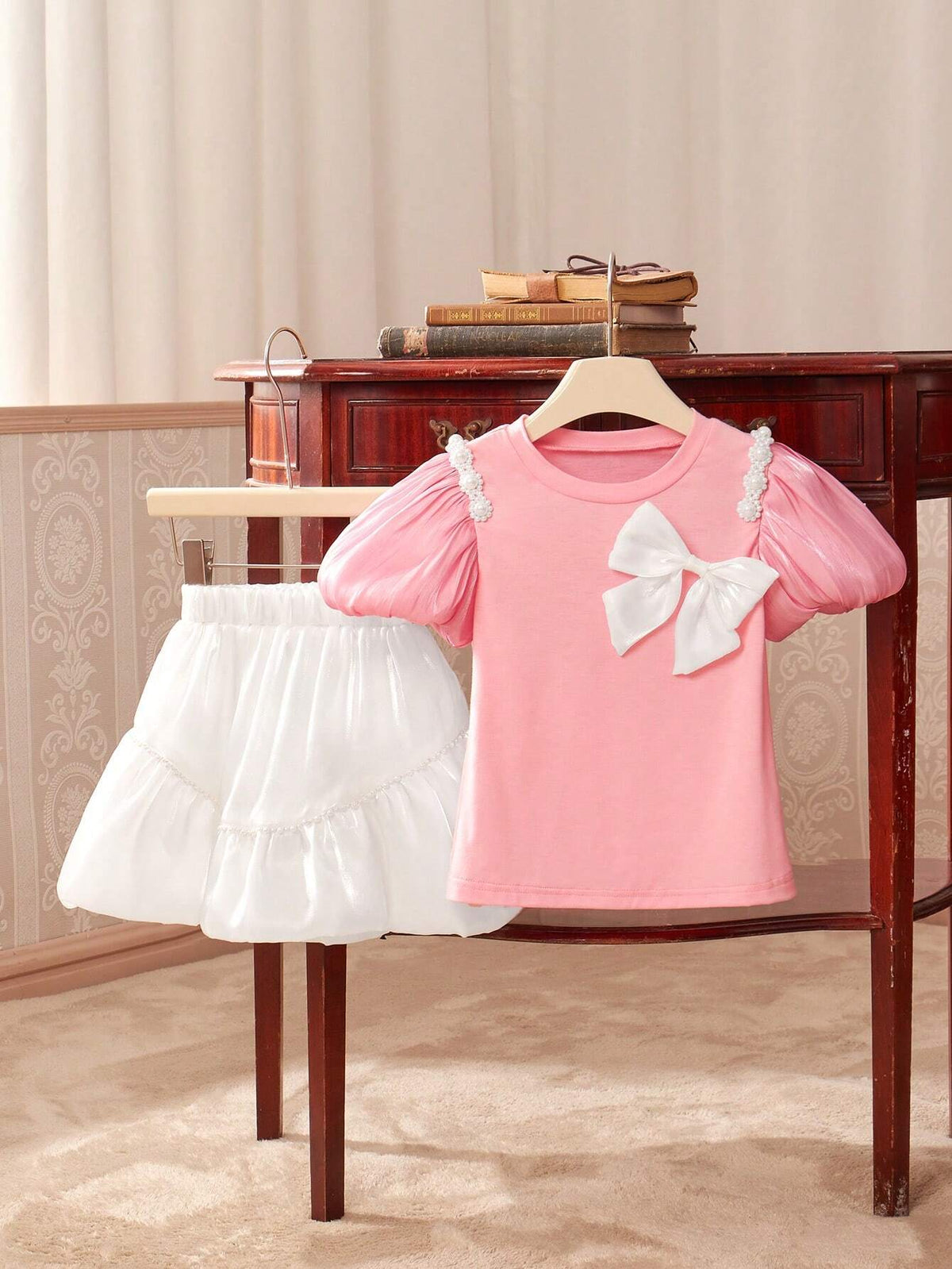 Girls' Puff Sleeve Pearl Bowknot Round Neck T-Shirt And Skirt Set, Suitable For Travel Party Birthday Gift, Summer
