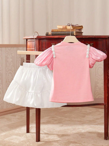 Girls' Puff Sleeve Pearl Bowknot Round Neck T-Shirt And Skirt Set, Suitable For Travel Party Birthday Gift, Summer