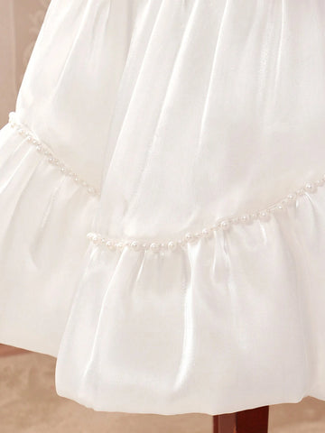 Girls' Puff Sleeve Pearl Bowknot Round Neck T-Shirt And Skirt Set, Suitable For Travel Party Birthday Gift, Summer