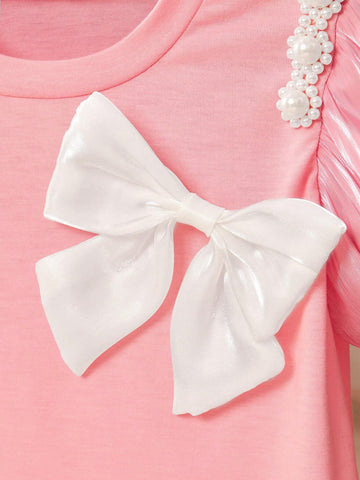 Girls' Puff Sleeve Pearl Bowknot Round Neck T-Shirt And Skirt Set, Suitable For Travel Party Birthday Gift, Summer