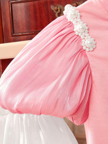Girls' Puff Sleeve Pearl Bowknot Round Neck T-Shirt And Skirt Set, Suitable For Travel Party Birthday Gift, Summer