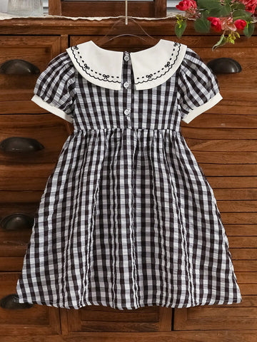 Girls' Puffed Sleeve Dress, High-Quality Embroidered Floral Long Dress