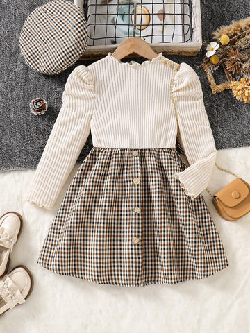 Girls Puffed Sleeve Knitted Ribbed Top And Woven Plaid Hem Dress With Hat, Casual Elegant, Autumn Winter