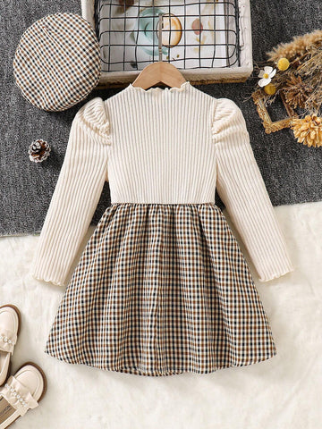 Girls Puffed Sleeve Knitted Ribbed Top And Woven Plaid Hem Dress With Hat, Casual Elegant, Autumn Winter
