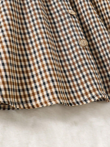 Girls Puffed Sleeve Knitted Ribbed Top And Woven Plaid Hem Dress With Hat, Casual Elegant, Autumn Winter