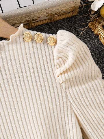 Girls Puffed Sleeve Knitted Ribbed Top And Woven Plaid Hem Dress With Hat, Casual Elegant, Autumn Winter