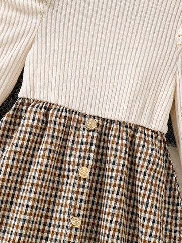 Girls Puffed Sleeve Knitted Ribbed Top And Woven Plaid Hem Dress With Hat, Casual Elegant, Autumn Winter