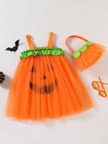 Girls Pumpkin Color Mesh Dress Halloween Casual Cute Summer Style