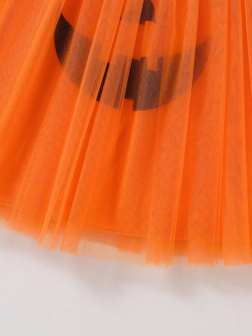 Girls Pumpkin Color Mesh Dress Halloween Casual Cute Summer Style