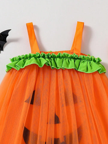 Girls Pumpkin Color Mesh Dress Halloween Casual Cute Summer Style