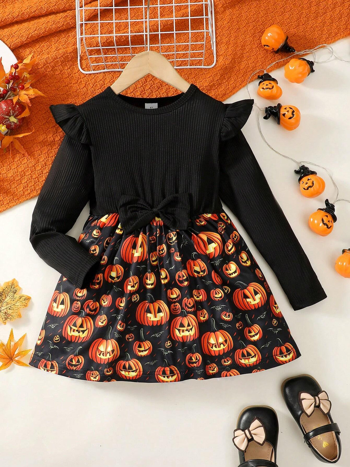 Girls Pumpkin Lantern Patchwork Long Sleeve Dress, Bowknot Skirt For Halloween, Party, Fall & Winter