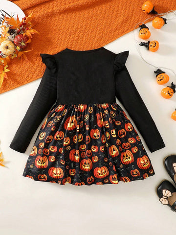 Girls Pumpkin Lantern Patchwork Long Sleeve Dress, Bowknot Skirt For Halloween, Party, Fall & Winter