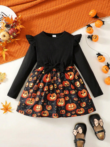 Girls Pumpkin Lantern Patchwork Long Sleeve Dress, Bowknot Skirt For Halloween, Party, Fall & Winter