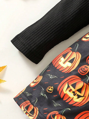 Girls Pumpkin Lantern Patchwork Long Sleeve Dress, Bowknot Skirt For Halloween, Party, Fall & Winter