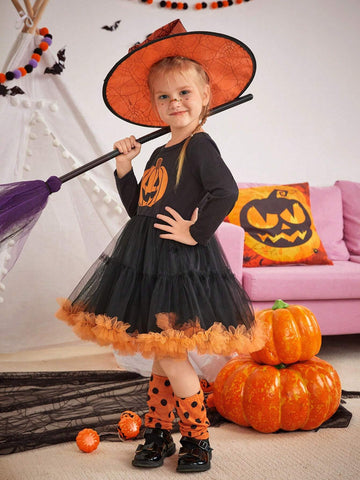 Girls' Pumpkin Pattern Princess Tutu Dress With Stockings Set, Fashionable And Lovely, Suitable For Autumn And Winter Festivals
