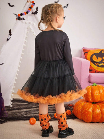 Girls' Pumpkin Pattern Princess Tutu Dress With Stockings Set, Fashionable And Lovely, Suitable For Autumn And Winter Festivals