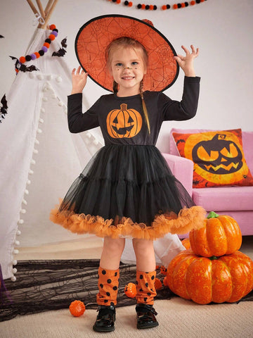 Girls' Pumpkin Pattern Princess Tutu Dress With Stockings Set, Fashionable And Lovely, Suitable For Autumn And Winter Festivals