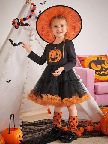 Girls' Pumpkin Pattern Princess Tutu Dress With Stockings Set, Fashionable And Lovely, Suitable For Autumn And Winter Festivals
