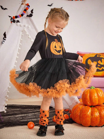 Girls' Pumpkin Pattern Princess Tutu Dress With Stockings Set, Fashionable And Lovely, Suitable For Autumn And Winter Festivals