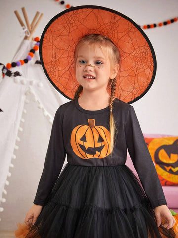 Girls' Pumpkin Pattern Princess Tutu Dress With Stockings Set, Fashionable And Lovely, Suitable For Autumn And Winter Festivals