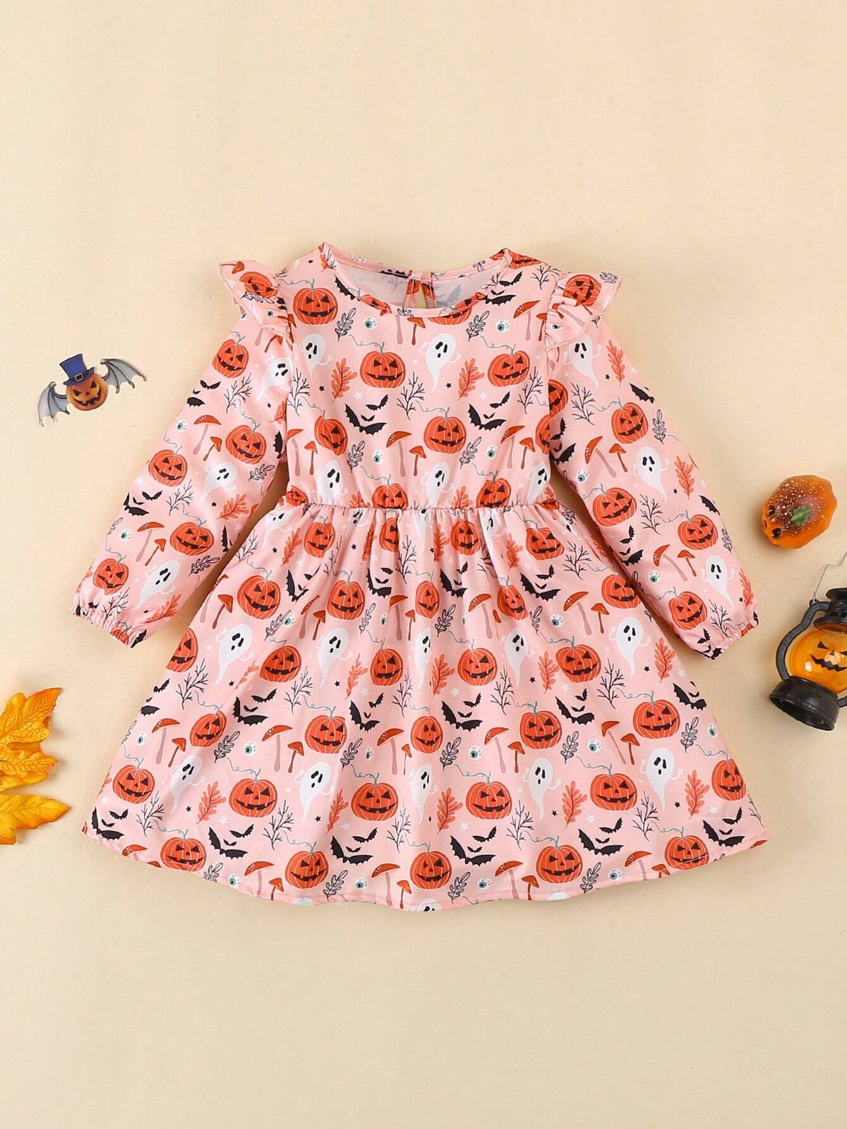 Girls Pumpkin Print Dress With Cap Sleeve, Cute Round Neck, Casual Long Sleeve Dress For Toddlers And Young Girl, Halloween New Style