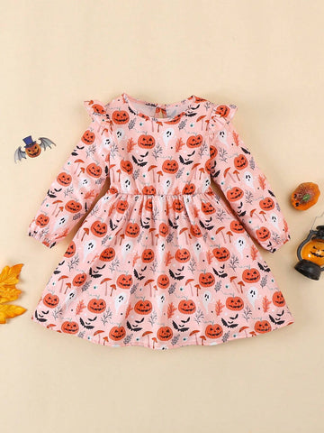 Girls Pumpkin Print Dress With Cap Sleeve, Cute Round Neck, Casual Long Sleeve Dress For Toddlers And Young Girl, Halloween New Style