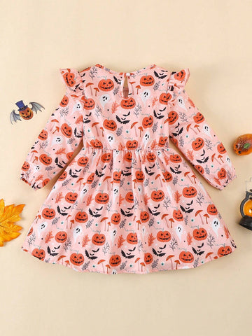 Girls Pumpkin Print Dress With Cap Sleeve, Cute Round Neck, Casual Long Sleeve Dress For Toddlers And Young Girl, Halloween New Style