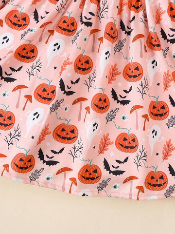 Girls Pumpkin Print Dress With Cap Sleeve, Cute Round Neck, Casual Long Sleeve Dress For Toddlers And Young Girl, Halloween New Style